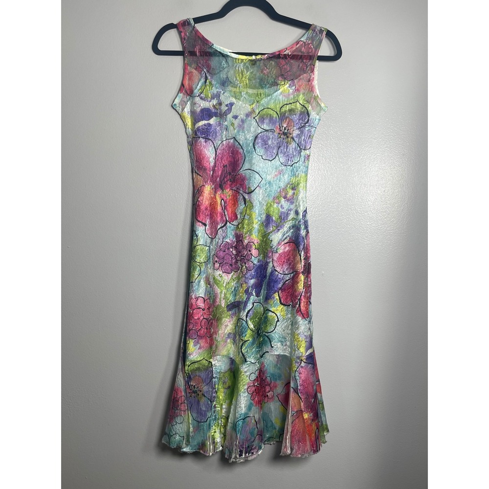 KOMAROV Small Floral Pleated Lace Trim Midi Dress Watercolor Blue Pink Formal